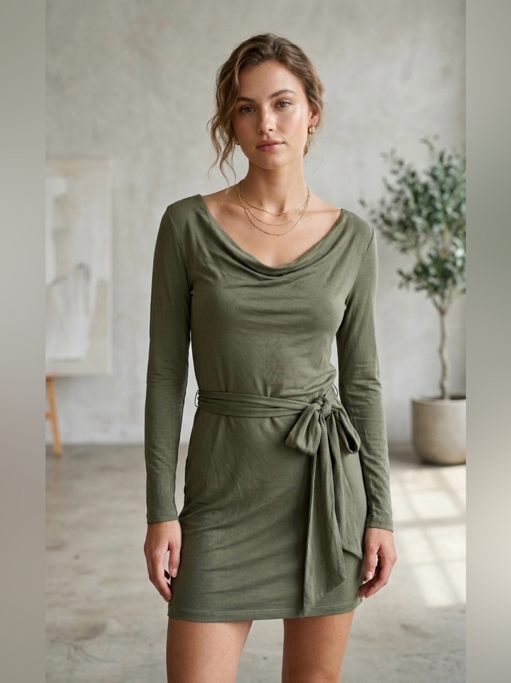 Haute Hippie Olive Green Cowl Neck Long Sleeve Faux Wrap Mini Dress
